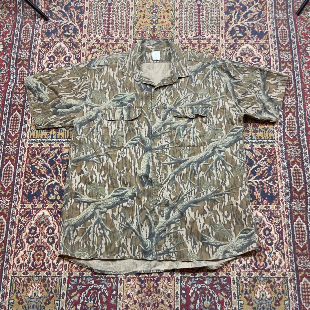 VTG 80s 90s NRA Gun Bark Camouflage Short Sleeve Button Up Shirt XL USA Hunting - Picture 1 of 9